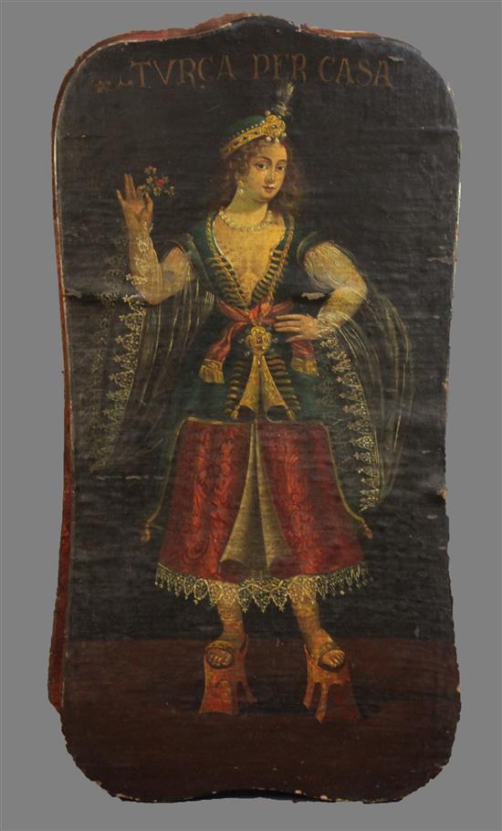 A pair of Continental oils on card laid on wooden panels depicting Turca Per Casa and Cortigiana Turca 34 x 17.5in.